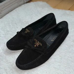 New Prada Black Suede Loafers Driving Leather Authentic Genuine Shoes Gold Logo